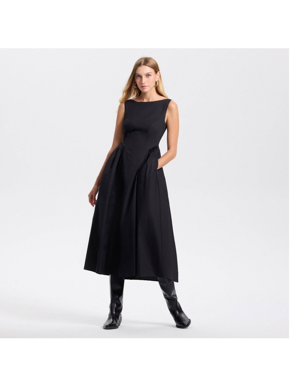 Brand New Target Black Gathered Waist Midi A-Line Dress
